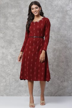 Maroon Poly Cotton Asymmetric Dress image number 0